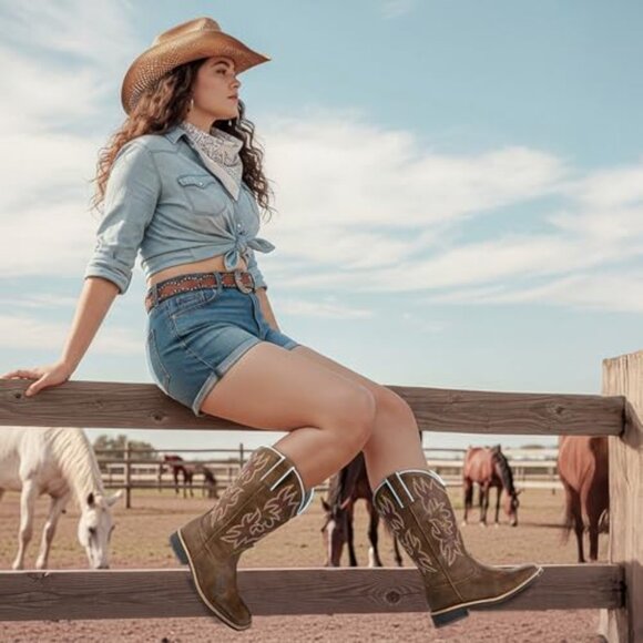 Wide Calf Cowboy Boots Square Toe Western Low Heel Comfort Fit - Picture 3 of 8